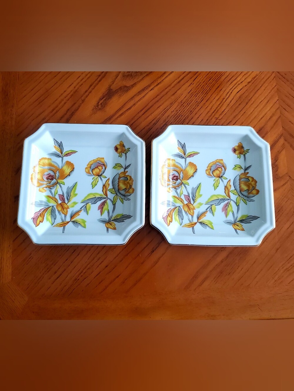 Vtg ANDREA By SADEK Square Floral Trinkets Tray Plates 2pcs Marigold Fall Vibes